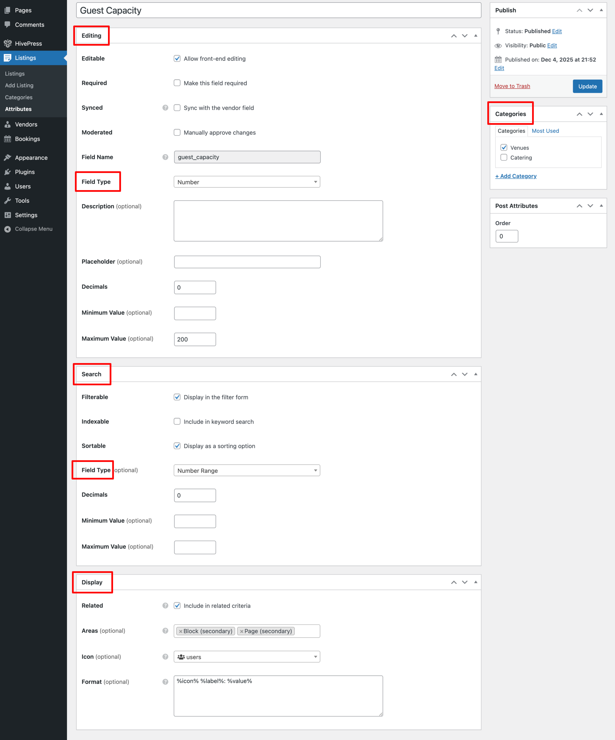 Adding custom listing fields like Guest Capacity, Price Range, and Service Area in HivePress for wedding vendors