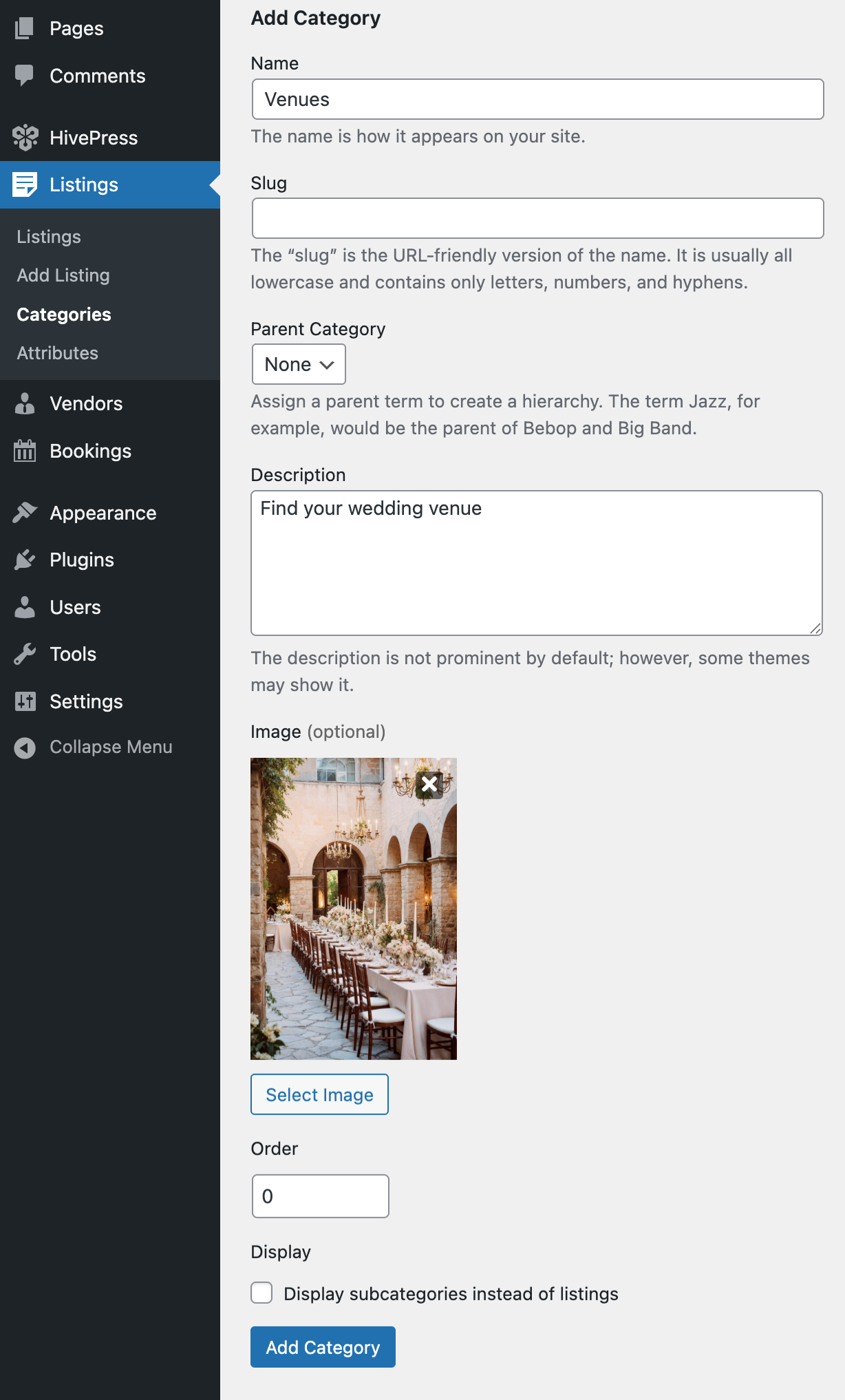 Adding wedding service categories in WordPress dashboard with HivePress