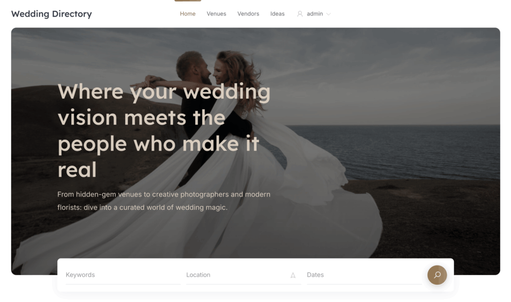 The homepage of a wedding directory built with HivePress and RentalHive.