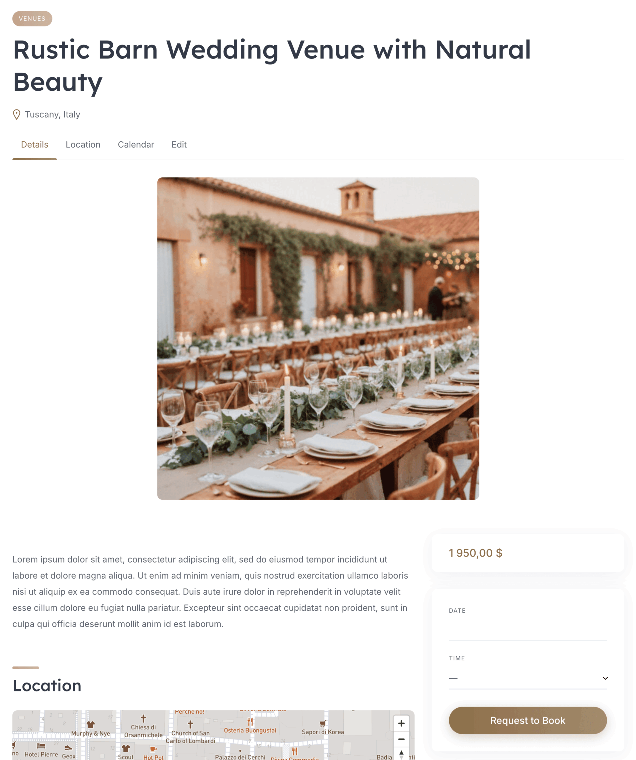 Wedding venue listing detail page in HivePress showing photos, description, pricing, and booking options
