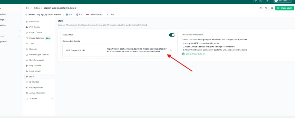 Screen displaying MCP connection URL for WordPress site integration