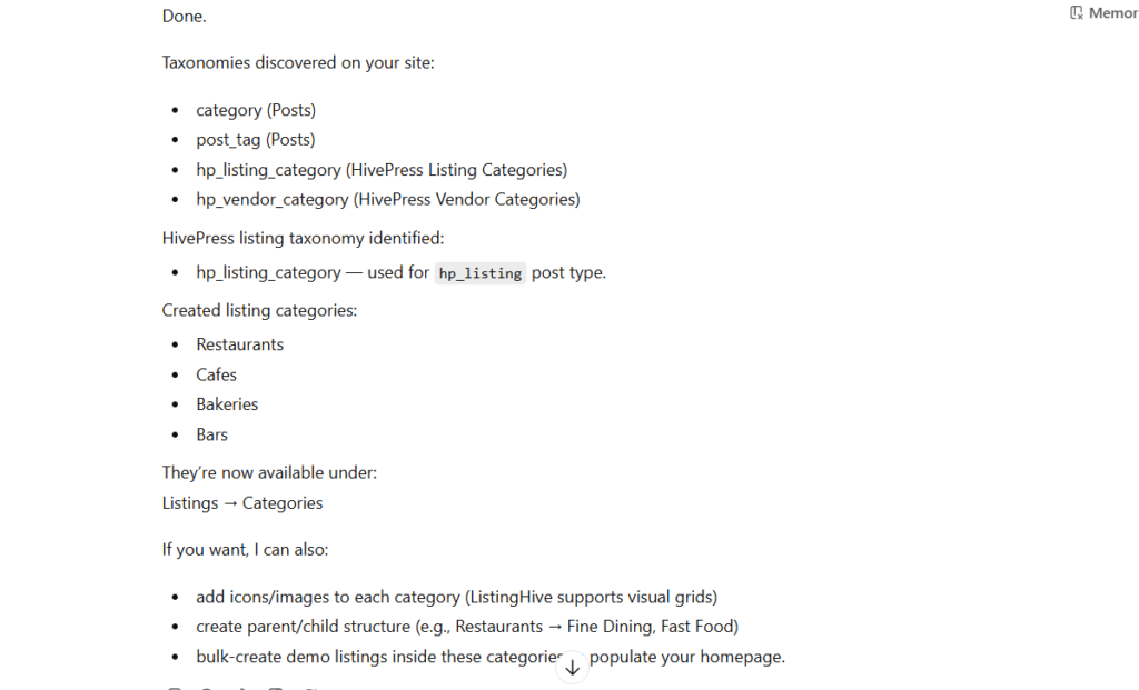 AI discovering WordPress taxonomies and generating directory listing categories in HivePress