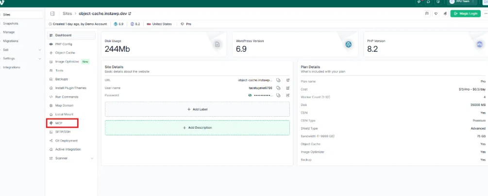 Screenshot of MCP dashboard displaying data usage, WordPress version, site details, and plan details
