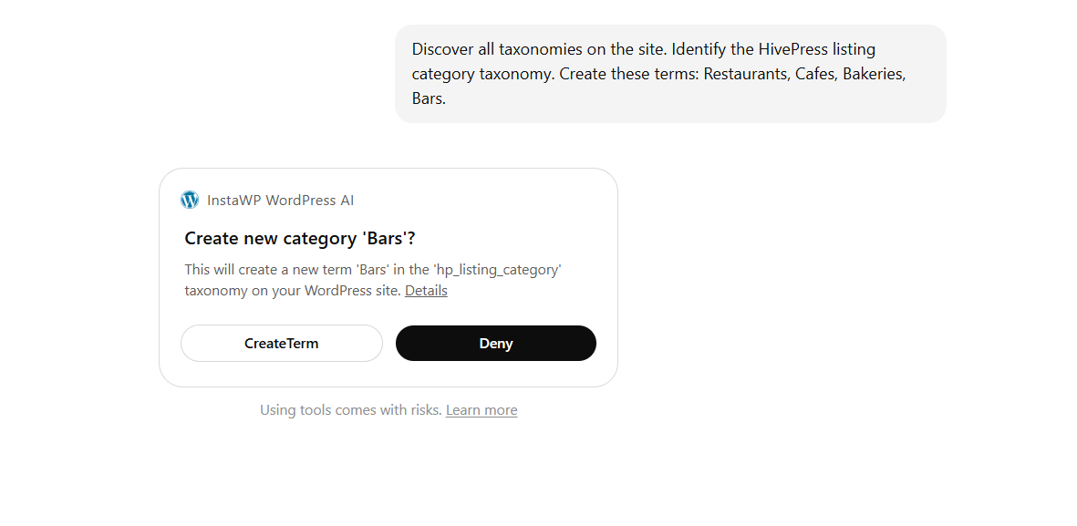 ChatGPT discovering HivePress taxonomies and generating listing categories for a WordPress directory website