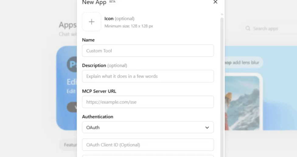 ChatGPT New App window in Settings, Apps & Connectors section