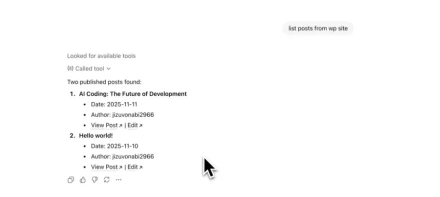 AI-generated list of WordPress posts from InstaWP AI query