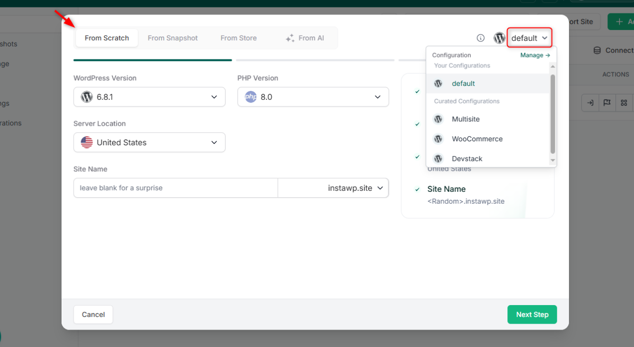 Configuration interface for selecting WordPress version, PHP version, and server location settings