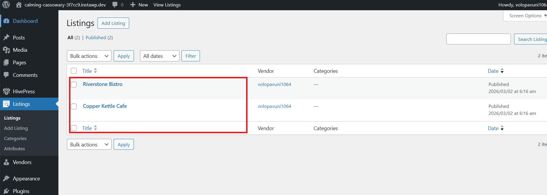 WordPress dashboard showcasing the listing submission.