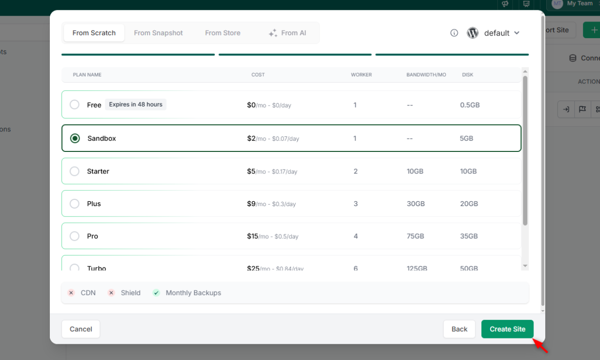InstaWP hosting plan selection to build WordPress site with AI