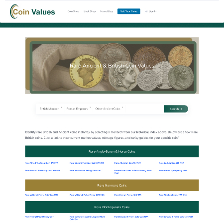 Homepage of the Coin Values website