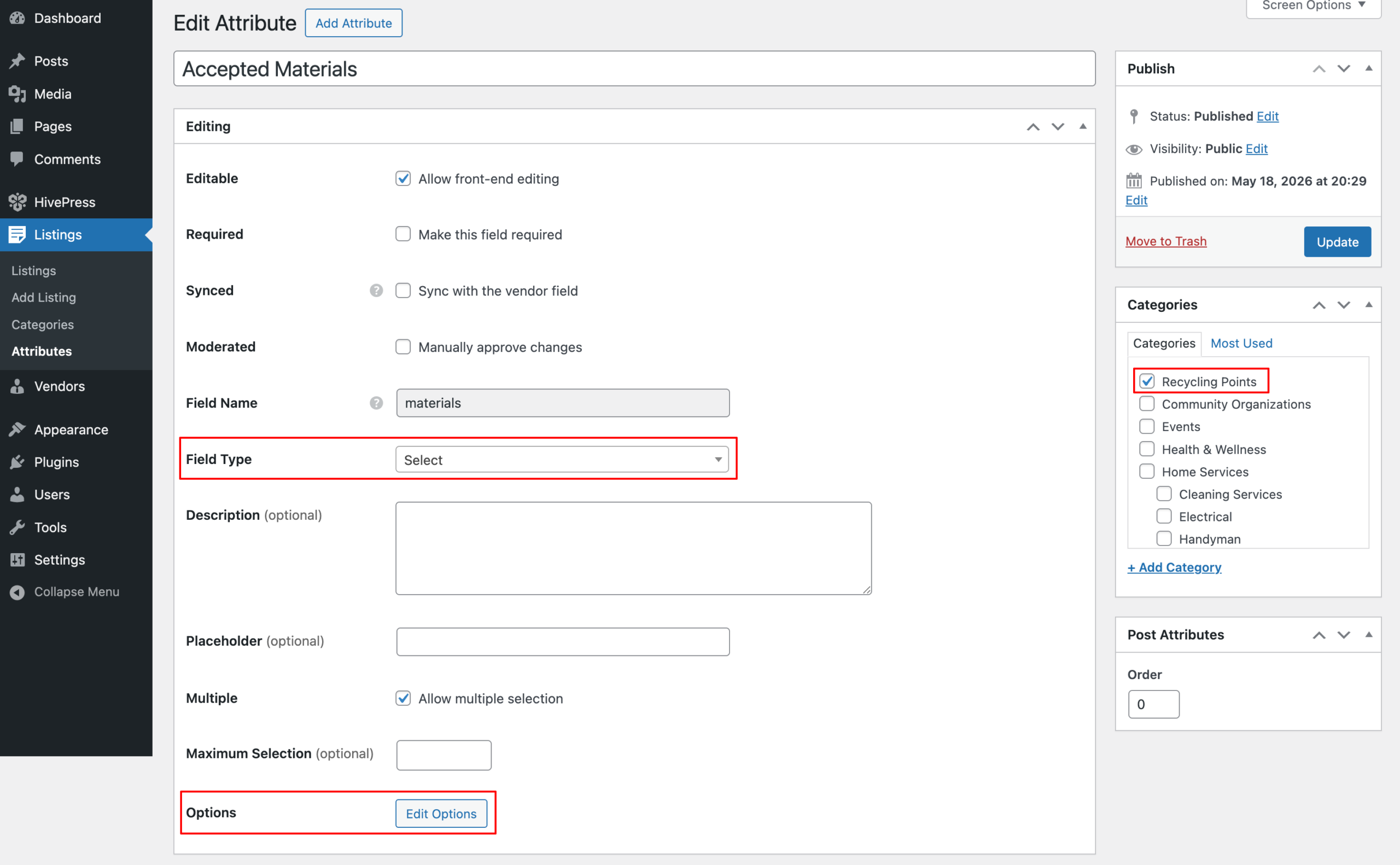 Editing section of attribute settings in HivePress