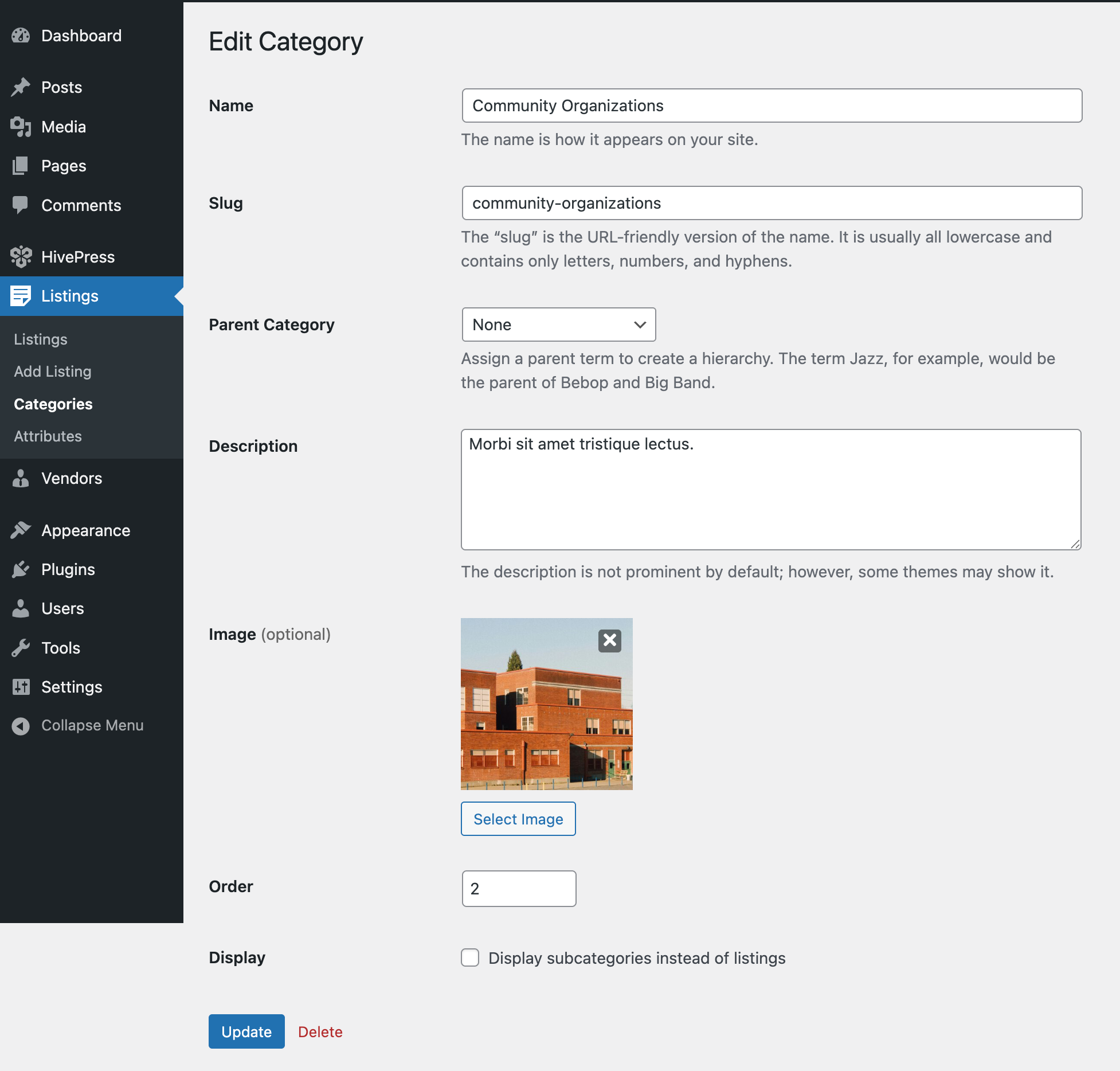 Category settings in HivePress