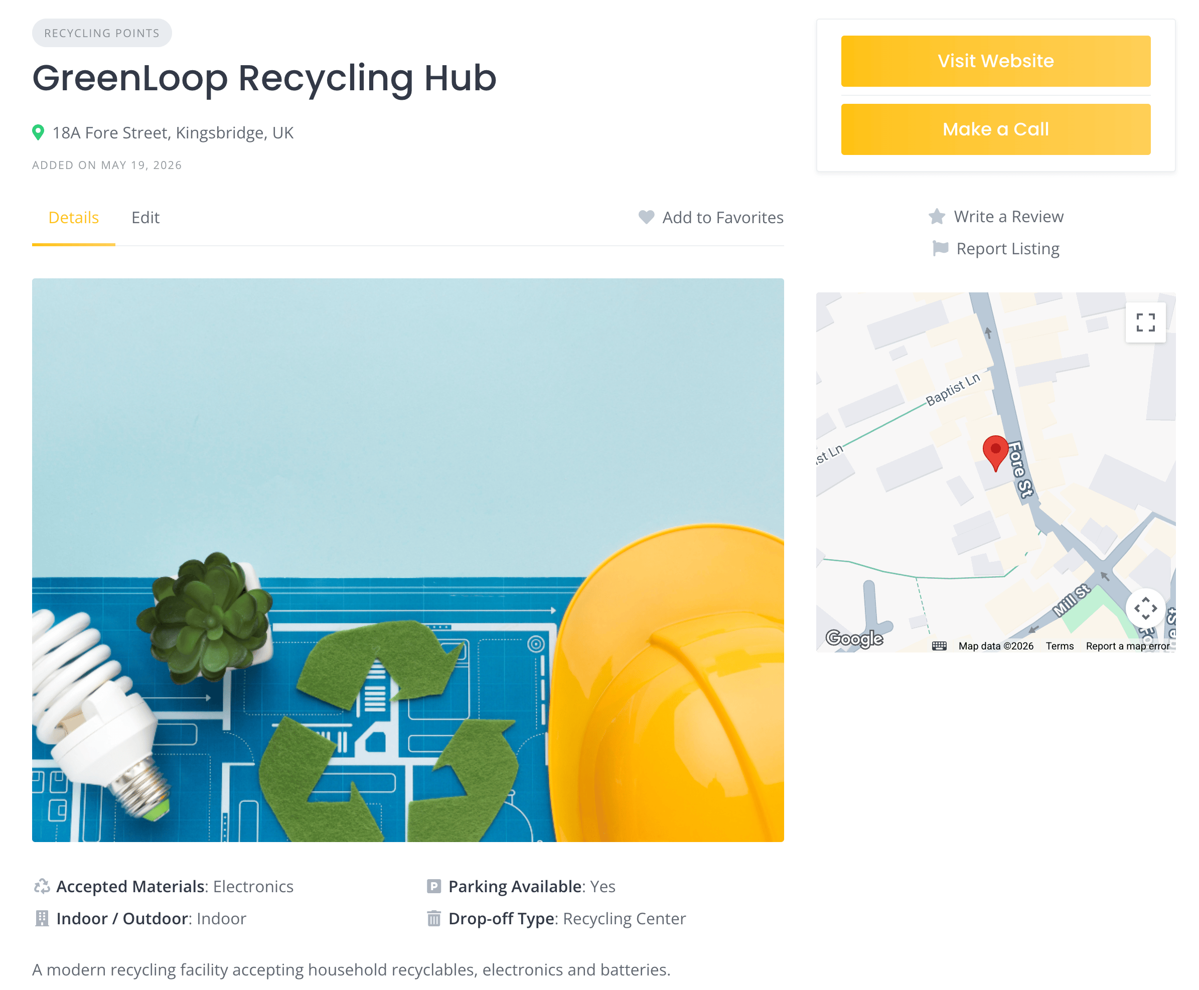 Listing for a recycling hun in the neighborhood directory