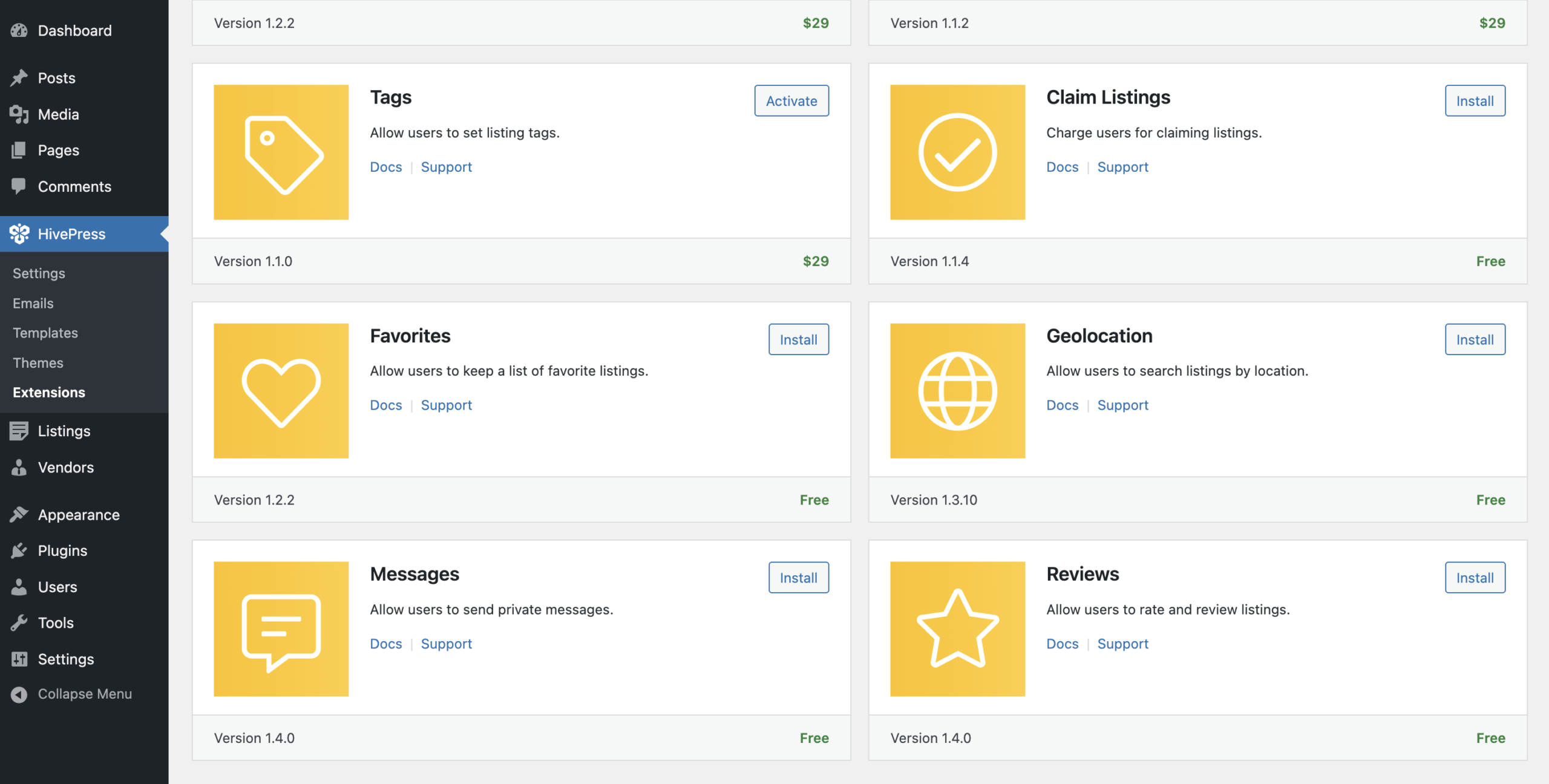 HivePress extensions in the WordPress dashboard