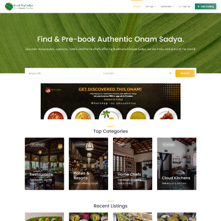 Homepage of the Book My Sadya website