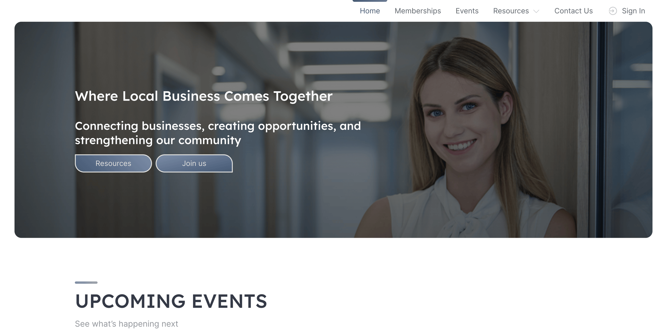 Example of a Chamber of Commerce website with a member directory, membership information, and events