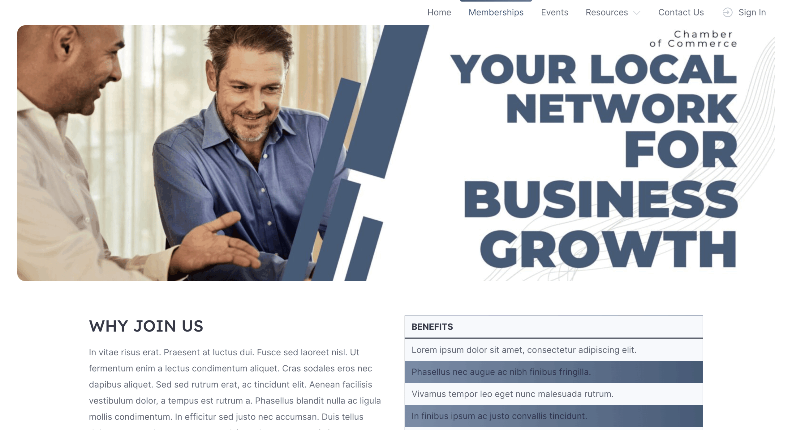 Example of a Chamber of Commerce website with a dedicated membership page