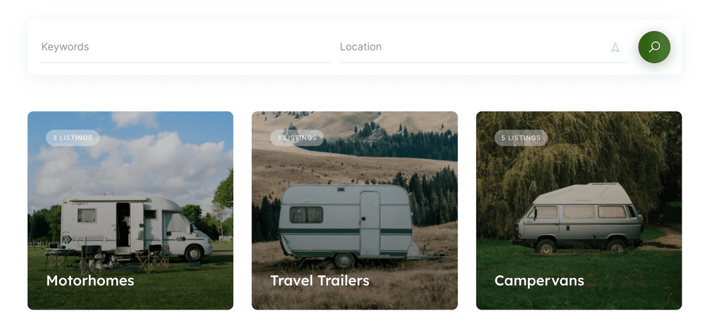 Example of listing categories for Vehicle and Camper rental marketplace